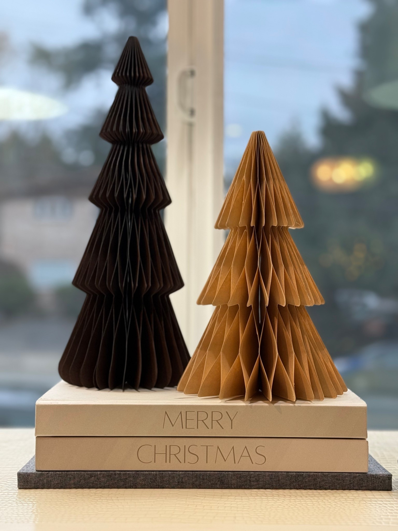 Elevated, simple, and so chic for the holidays. These neutral paper trees add instant texture and look beautiful layered on stacked coffee table books. An easy way to decorate for Christmas without the clutter. Linking the exact sets so you can recreate this cozy moment.

#LTKHoliday #LTKFindsUnder50 #LTKHome