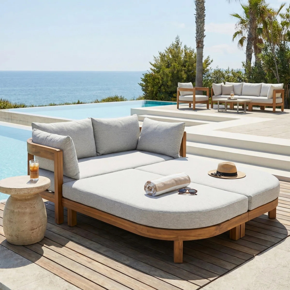Modern Natural Acacia Wood Outdoor Daybed With Cushions | Wayfair North America