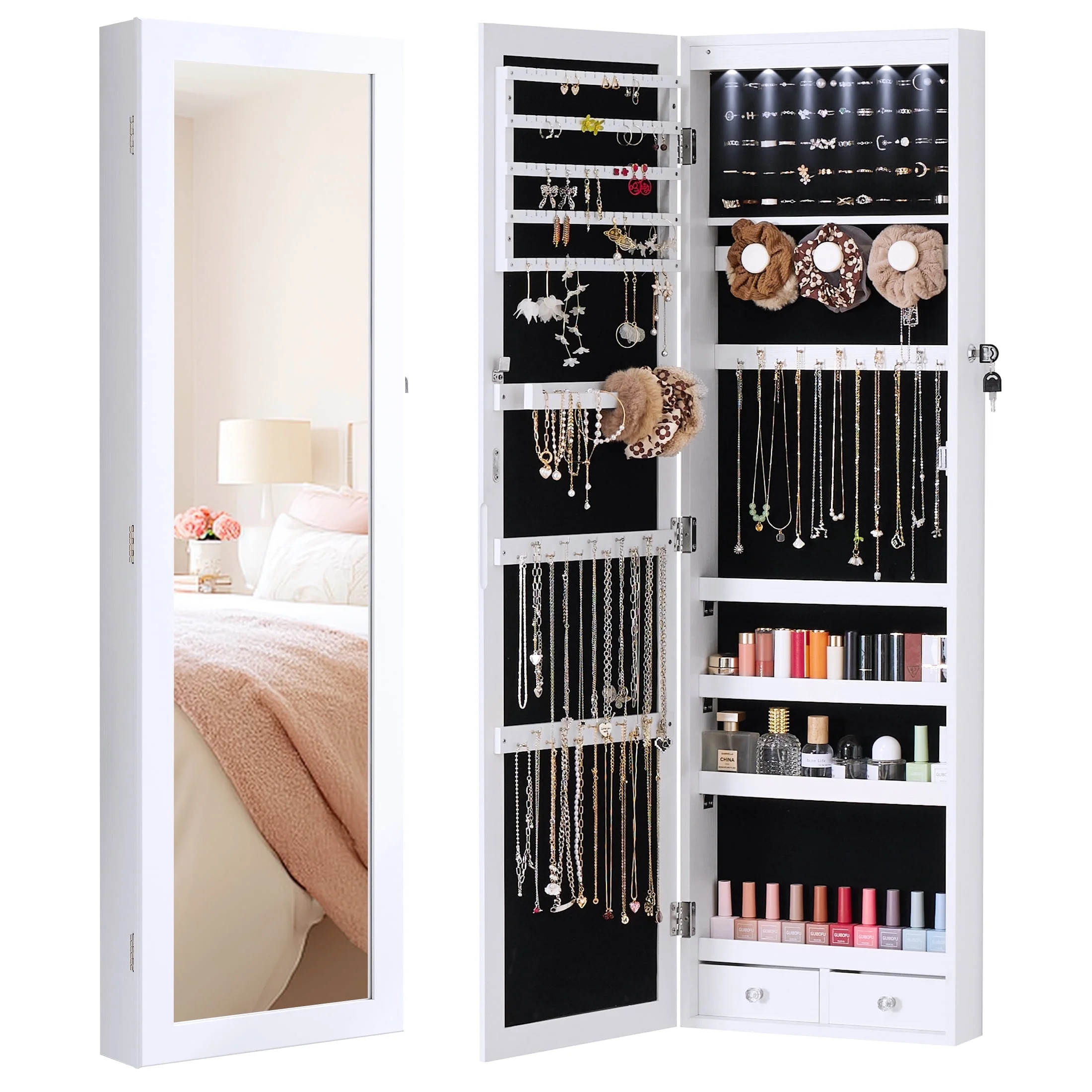edx Full-Length Mirror Jewelry Cabinet with 6 LED Lights, Wall Door Mounted Large Jewelry Armoire... | Walmart (US)