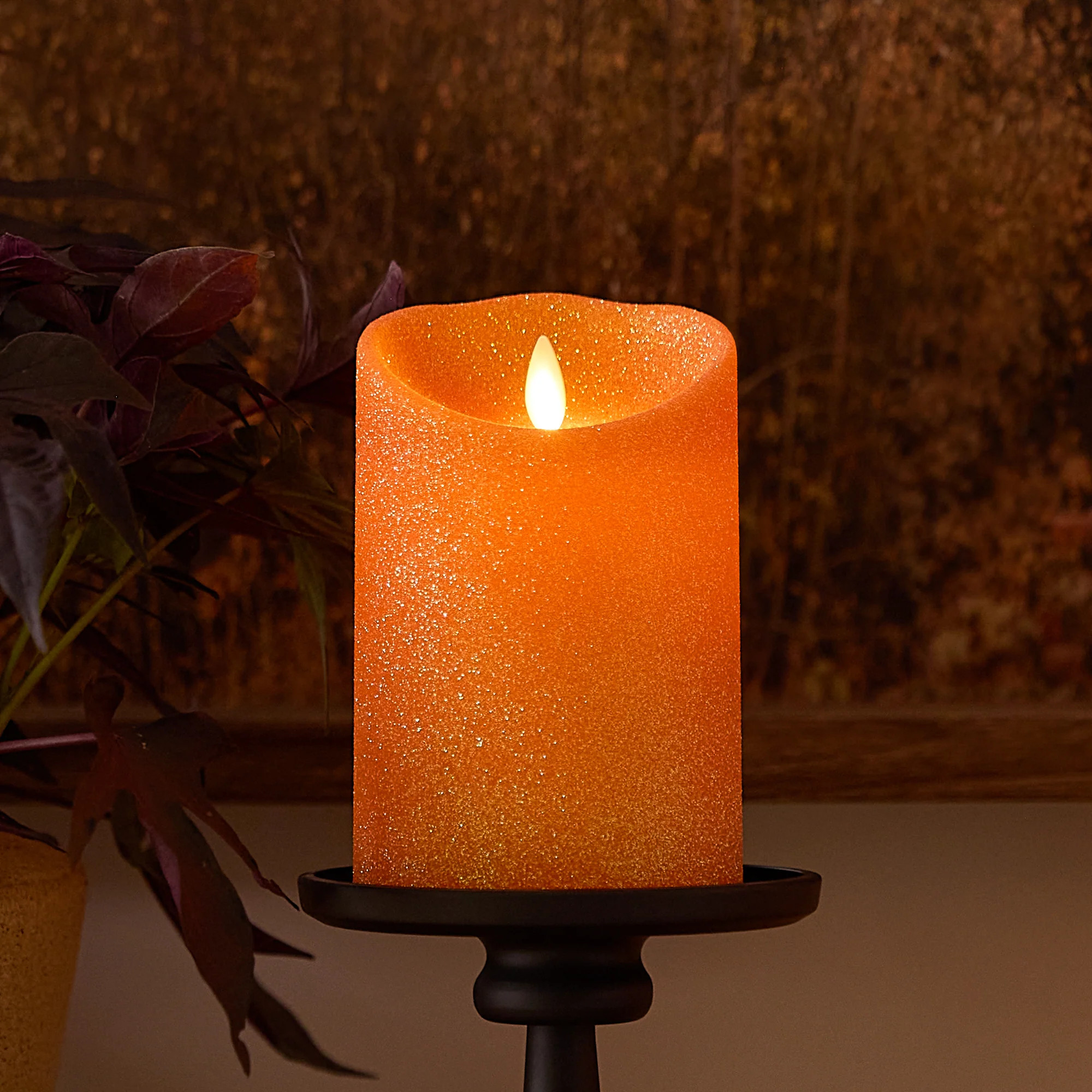 Russet Orange Glitter Flameless Candle Pillar | Luminara