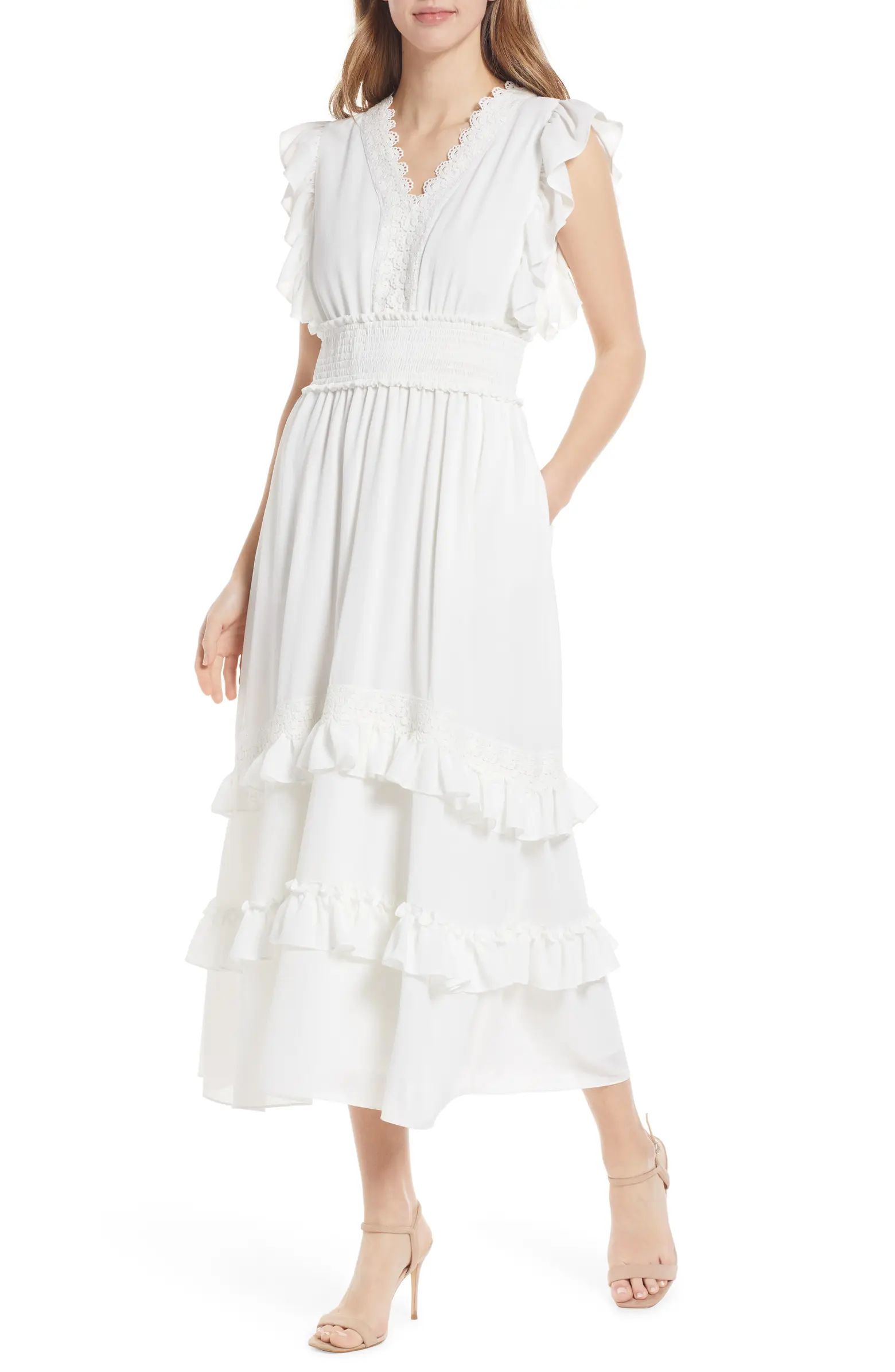 Ruffle & Lace Tiered Midi Dress | Nordstrom