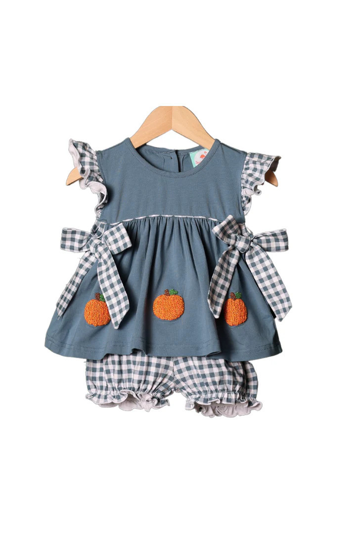 French Knot Pumpkin Stone Gingham BOW Short Set | The Smocked Flamingo