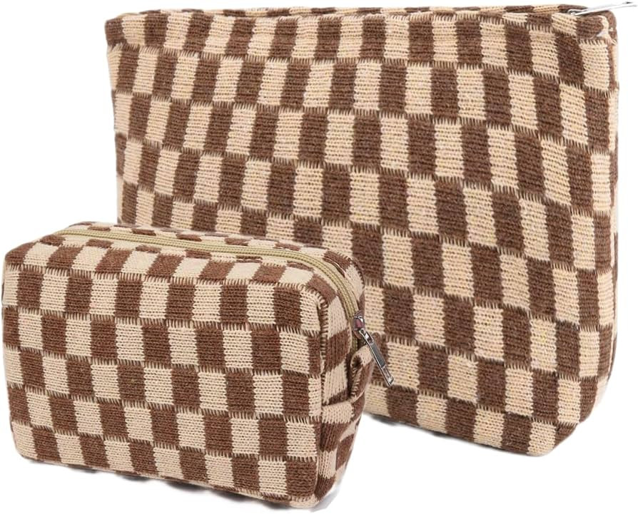 2Pcs Makeup Bag for Women Checkered Cosmetic Bag Set Travel Toiletry Bag Makeup Pouch Cute Makeup... | Amazon (US)