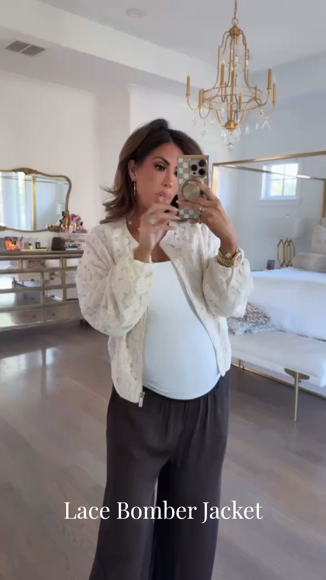 Wearing a size small in this lace bomber jacket that is giving Zimmermann! Size large in white tank and size medium in brown wide leg pants! 

Spring outfits, Preppy outfits, Lace bomber jacket, Brown flowy pants, Brown wide leg pants, Zara pants, Nordstrom jacket, Vacation outfits, Spring outfits 2026, Bump, Emily Ann Gemma

#LTKdayinmylife #LTKSeasonal #LTKootd