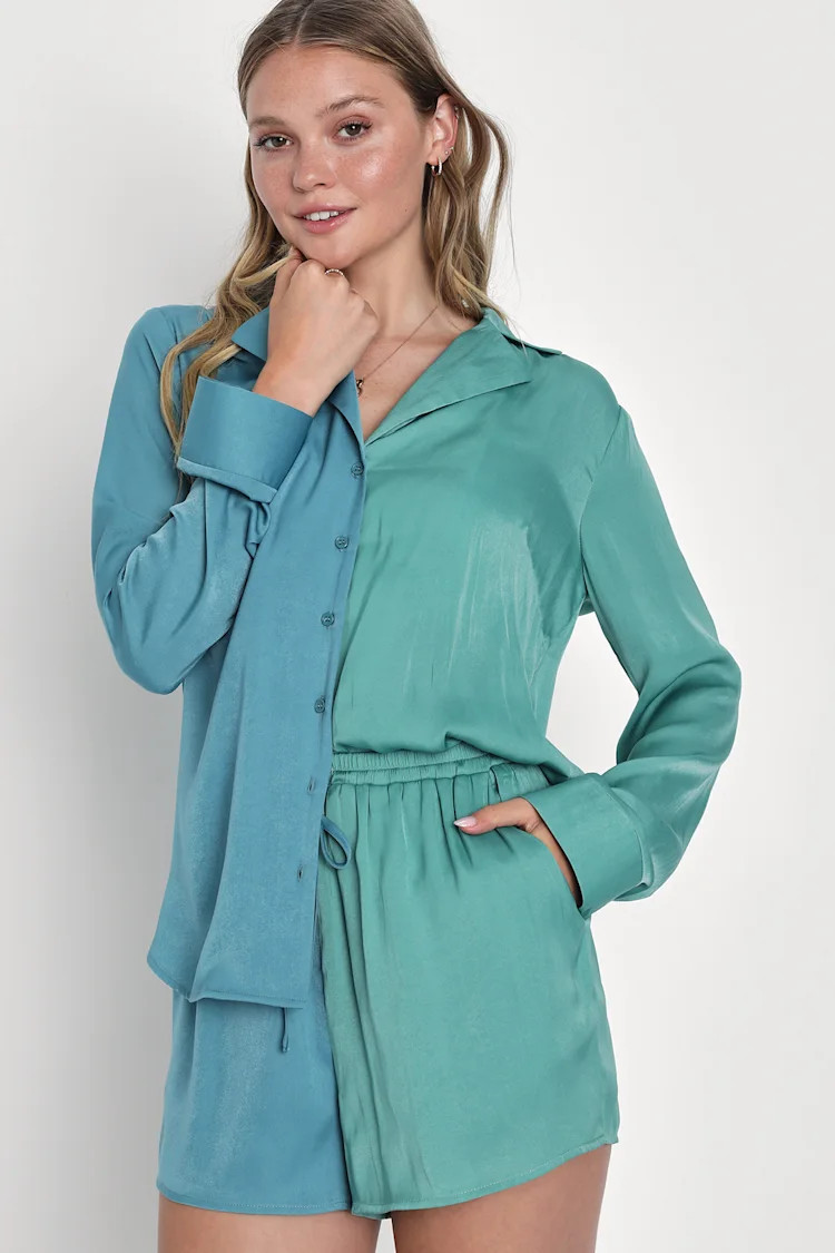Sleepy Sweetie Teal and Blue Color Block Two-Piece Pajama Set | Lulus