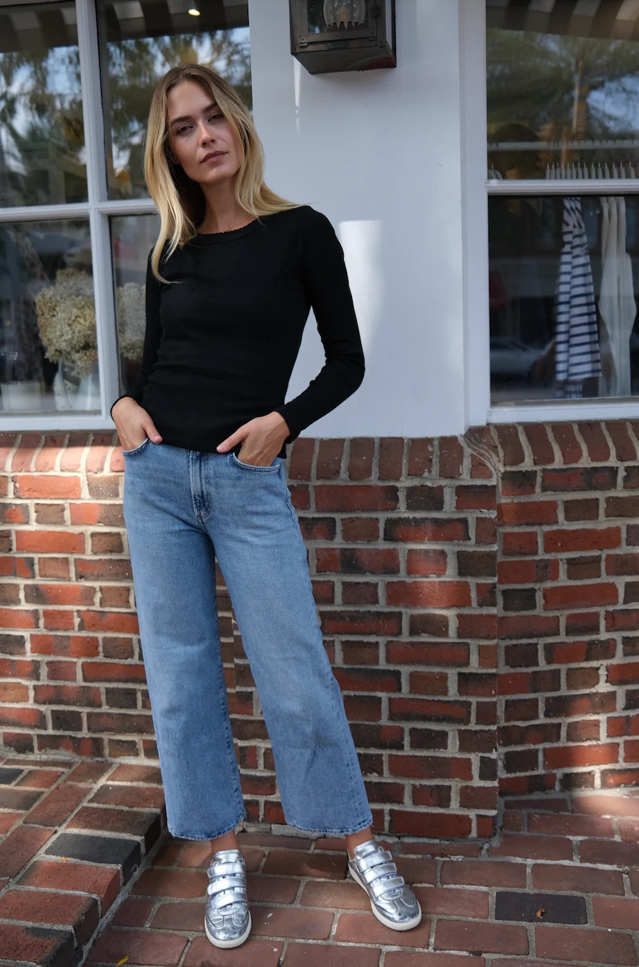 Pointelle Long Sleeve Crewneck - Black | Marea