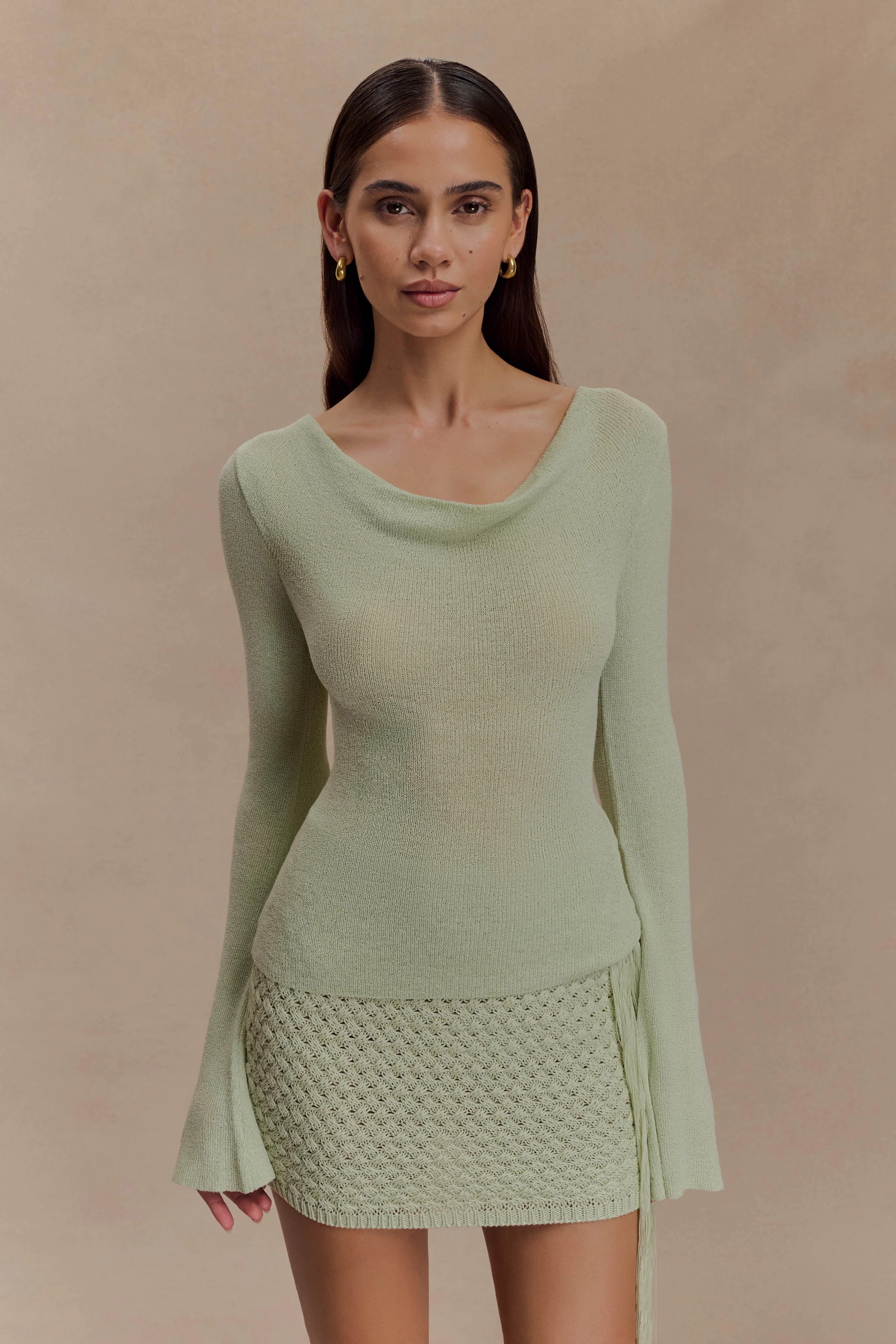 Elowen Knit Cowl Long Sleeve Top - Pastel Green | MESHKI US
