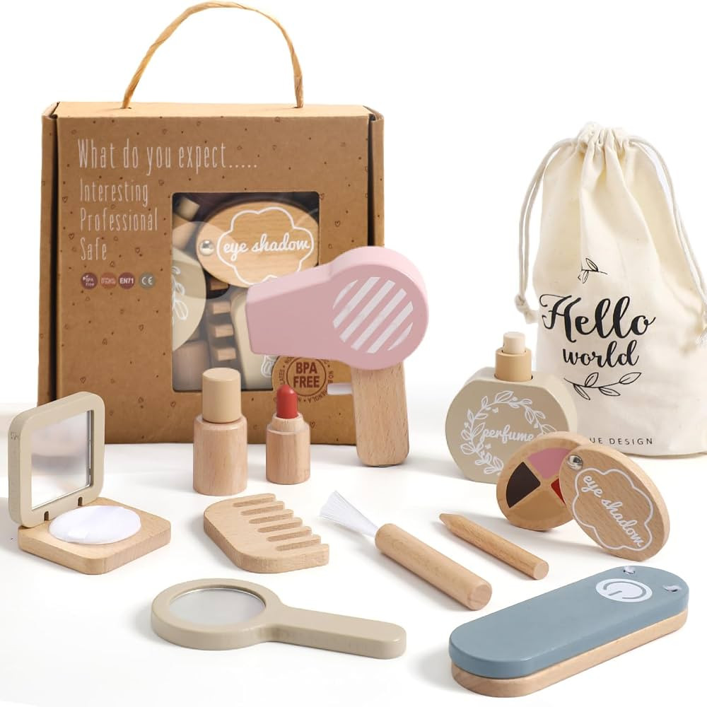 OESSUF Wooden Makeup Toy Sets for Girls, Toddlers Fake Makeup Kit, Pretend Wood Beauty Salon Toys... | Amazon (US)