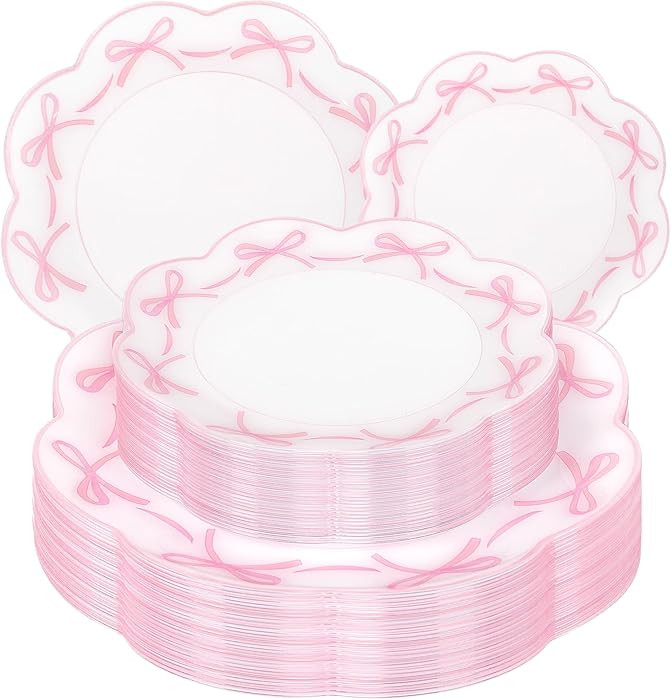 LIYH 60 Pcs Pink Bow Plastic Plates for Party - Pink Scalloped Scalloped Plates Disposable Heavyd... | Amazon (US)