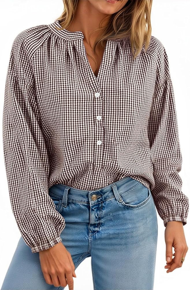 Cicy Bell Womens Puff Long Sleeve Blouse Gingham Pleated V Neck Button Down Shirts Loose Fit Dres... | Amazon (US)