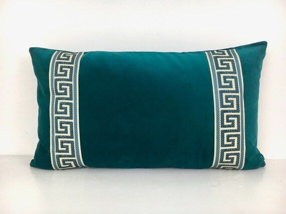 Teal Lumbar Pillow Cover with Navy Blue Greek Key Trim | Etsy (US)