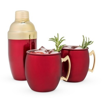 Twine Red Moscow Mule Mug and Cocktail Shaker Gift Set, Holiday Barware Gifts, Cobbler Shaker, Mule Mugs, Red, Gold, Stainless Steel | Target