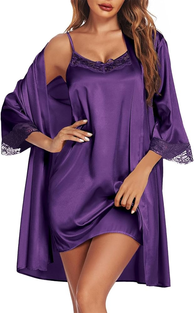 Ekouaer Sleepwear Women's Satin Nightgown with Robes Set 2 Piece Sexy Lace Cami Nightwear | Amazon (US)