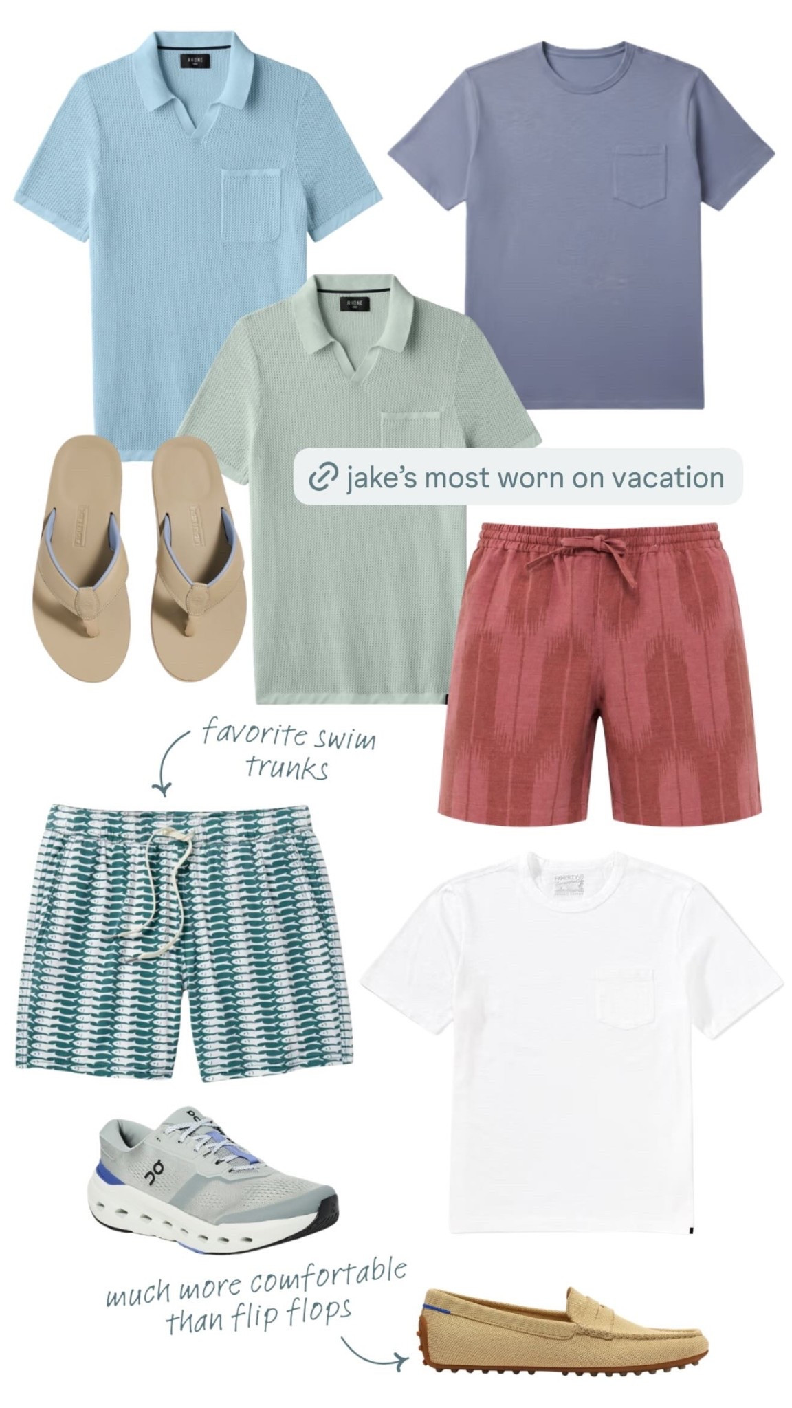 Jake’s most worn on vacation!

He kept reaching for lightweight button downs (perfect for dinners but still breathable), easy tees for daytime, and a solid pair of tailored shorts that work for pretty much anything from exploring to drinks. A crisp polo made the rotation for nights out, and he always packs one good pair of pants for a slightly more dressed up moment.

Shoes were simple… clean sneakers for walking everywhere and a pair of sandals for the beach/pool days. Everything mixes and matches, so you can throw together an outfit without overthinking it.

If you’re looking to refresh his summer staples, these are all really good, wearable pieces he actually lived in the whole trip.

use code charli20 to save on rhone 🤍

#LTKSeasonal
