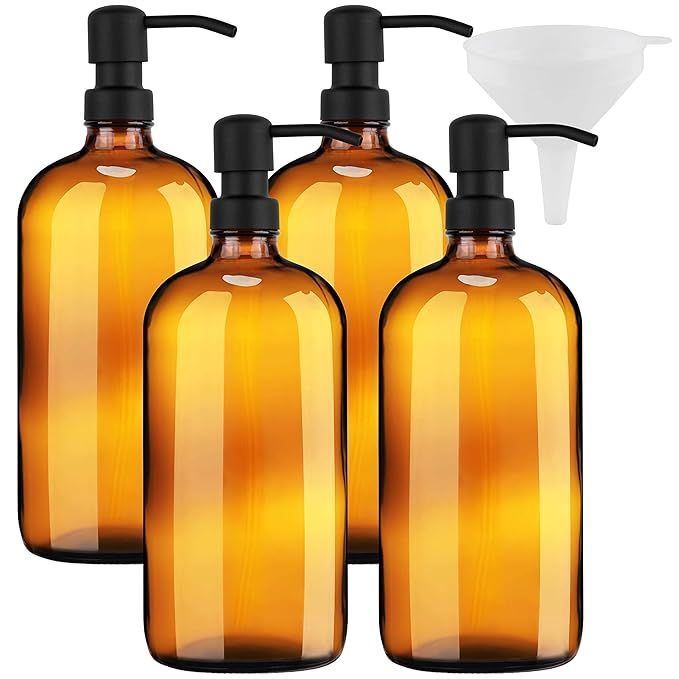 32 Ounce Large Amber Glass Boston Round Bottles with Stainless Steel Pumps and Funnel. Great for ... | Amazon (US)