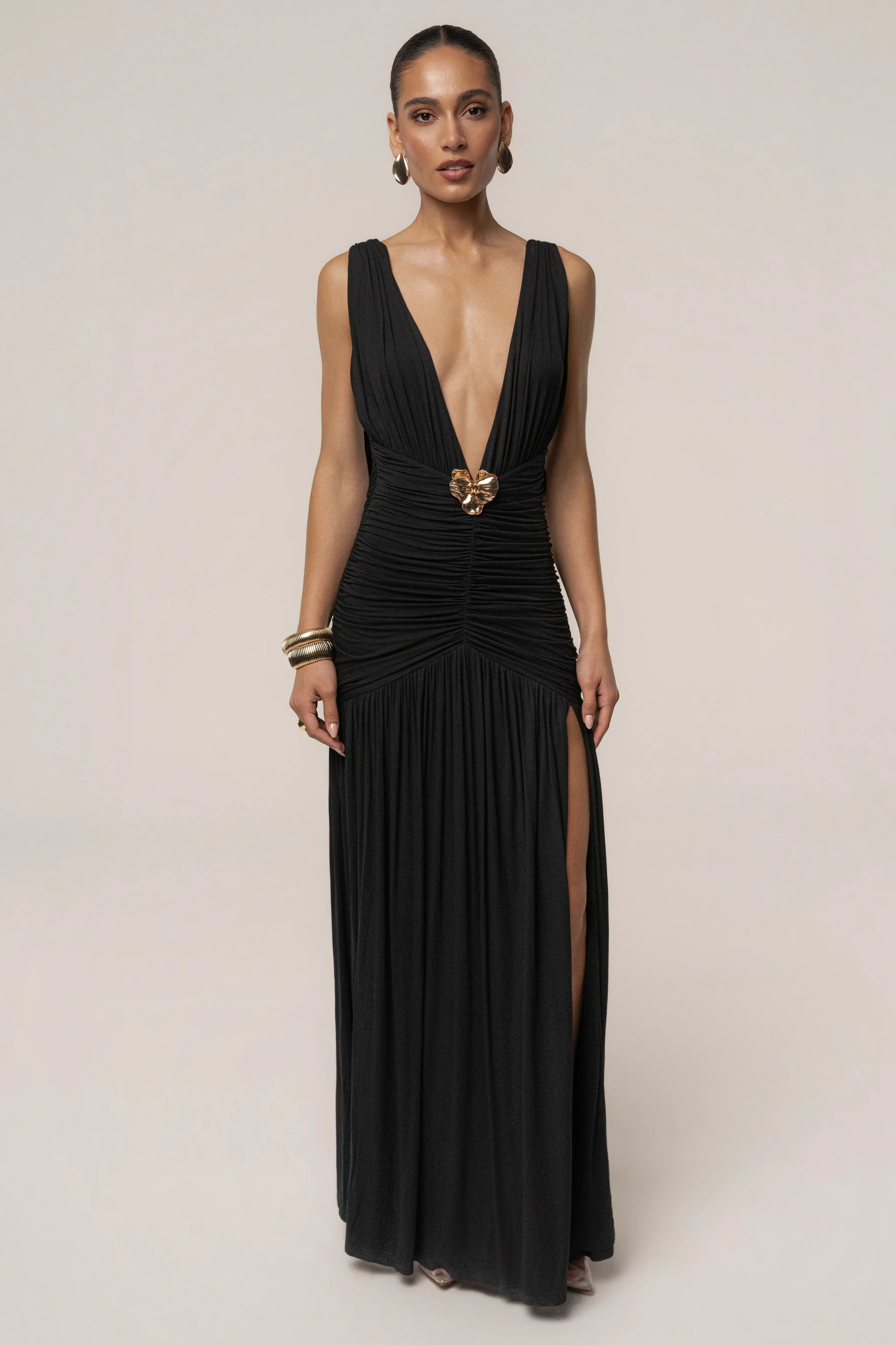 Black Golden Evenings Halter Dress | JLUXLABEL US