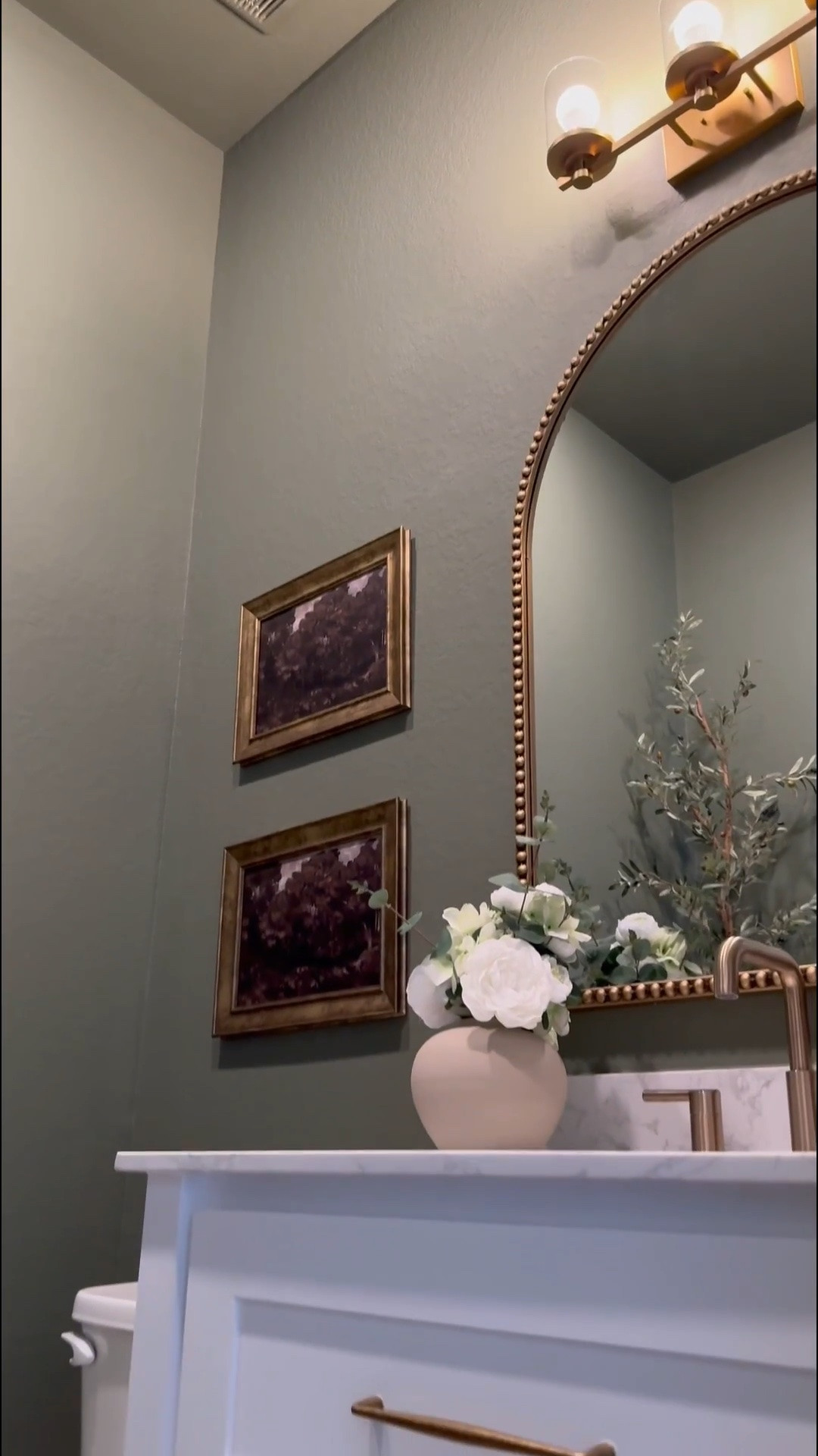 If you’re considering painting your powder room green, I’m telling you, THIS might be the perfect color for you … go for it! 

I used flat finish for the walls and painted the baseboards in satin finish… 

I’ll be honest, I was apprehensive at first … I even paintings the ceiling 😬 believe it our not, it made the room feel larger! 

I chose brass finishes bc I really wanted the space to have a vintage feel… well, modern vintage…??? If that’s a thing 😆.. 

The mirror is 30x40 inches… 

I added a new light fixture and it now faces upwards … which made that wall feel taller 

I wasn’t in love with this builder grade vanity tbh😆, matter-fact, I wanted to change it… it wasn’t functional …but now i wanna keep it lol 😂… I added brass hardware, these cute baskets from Walmart, led light strips on the bottom and now it’s a whole new unit….. you can even add battery powered/rechargeable/plug in led light strips .. whatever fits your lifestyle 

Ok let’s talk about this stunning planter!!! …. You know I love me an olive tree 😆… and I wanted something tell and slim… this planter was the perfect for plus it added to the moodiness 🥰

I am in love with this space… I wanted to create a vintage-cottagy feel in this powder room, while the rest of the home feels modern.

 #LTKVideo

#LTKHome #LTKStyleTip