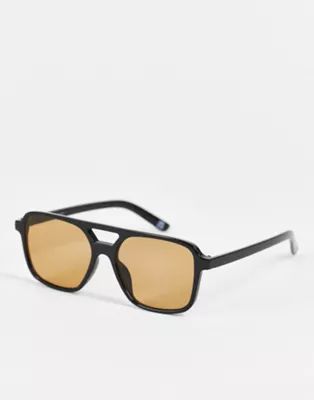 ASOS DESIGN - Lunettes de soleil aviateur avec verres marron - Noir | ASOS (Global)