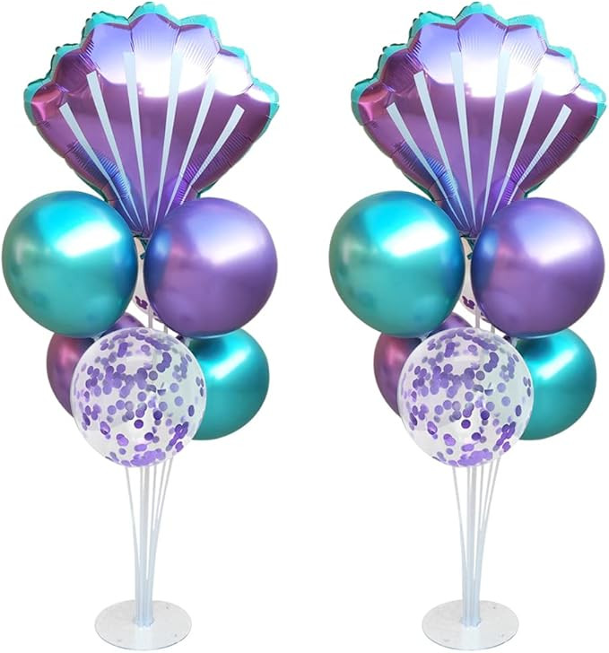 Mermaid Table Centerpiece Balloons Stand Kit 2 Sets with 2 Sea Shells Foil Balloons 14 Purple Blu... | Amazon (US)