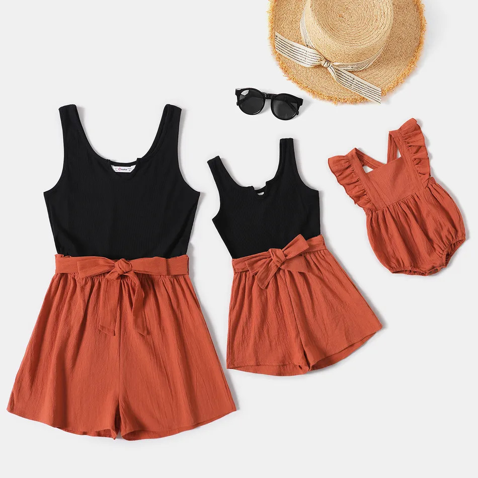 Black Ribbed U Neck Sleeveless Belted Splicing Romper for Mom and Me | PatPat