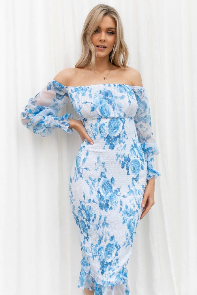 Affie Off Shoulder Midi Dress - Blue Floral | Petal & Pup (US)