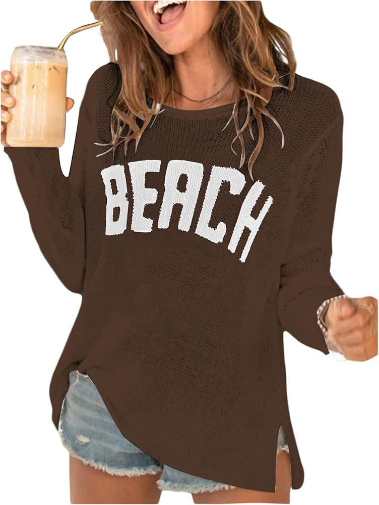 COZYEASE Women's Beach Cover Up Letter Print Long Sleeve Sweater Crew Neck Split Hem Crochet Jump... | Amazon (US)