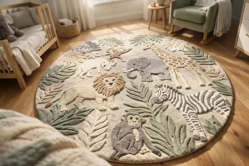 Hand Tufted Wool Jungle Animal Rug, Safari Nursery Decor, Round Playroom Carpet - Etsy UK | Etsy (Global)