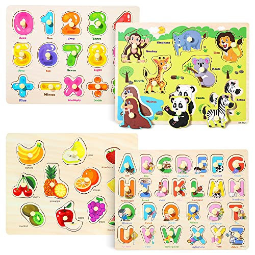 GRINNNIE Wooden Peg Puzzle for Toddlers 2 3 4 Years Old, 4 PCS Montessori Educational Learning Puzzles Set-Numbers, Letters, Animals and Fruits, Great Preschool Gifts for Girls and Boys | Amazon (US)