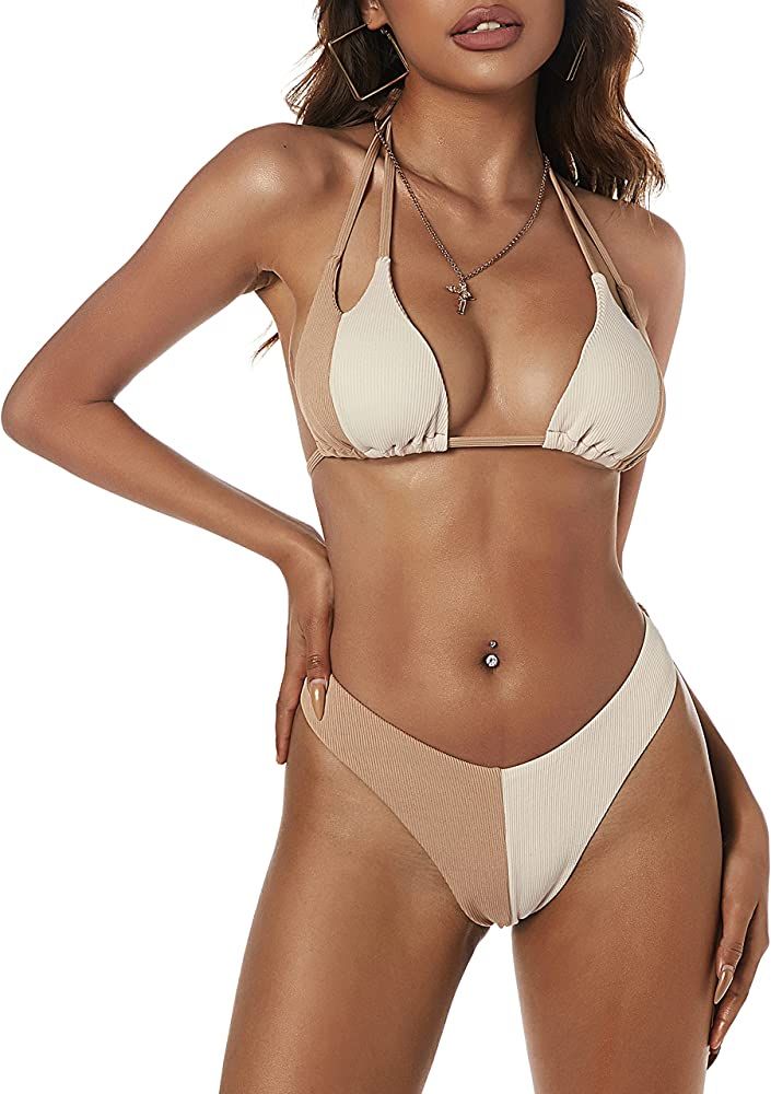 ZAFUL Women's Halter Neck Tie Side String Triangle Bikini Set Two Piece Swimsuit | Amazon (US)