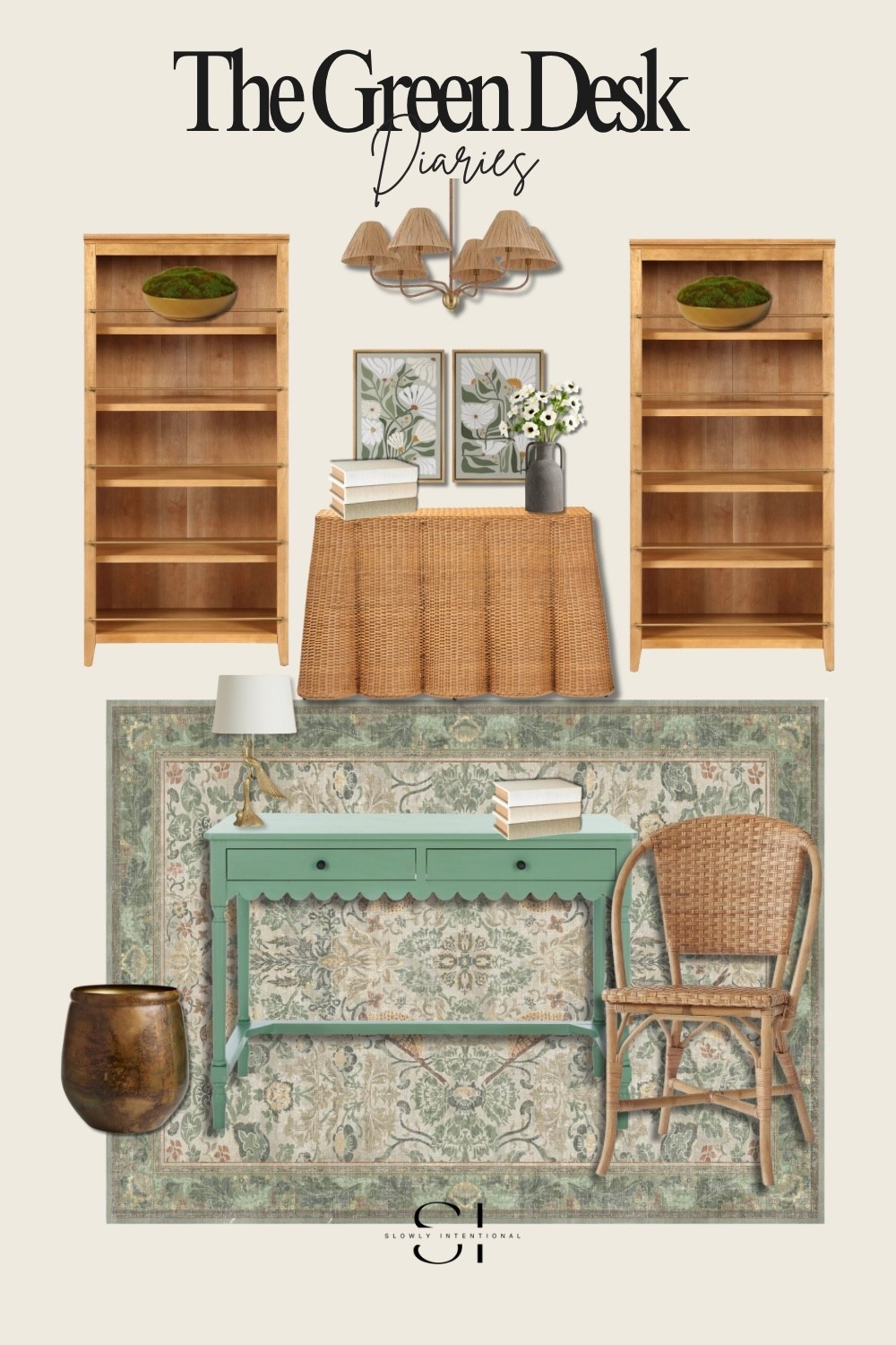 I styled this small home office to feel collected, cozy, and functional. The scalloped green desk is the star, paired with a vintage-inspired rug and woven chair for texture. The bookshelves with brass accents bring just the right touch of polish, while the skirted table, floral art, and natural details keep it warm and inviting. Such a pretty setup if you want your work-from-home space to feel both inspiring and intentional!

#LTKHome