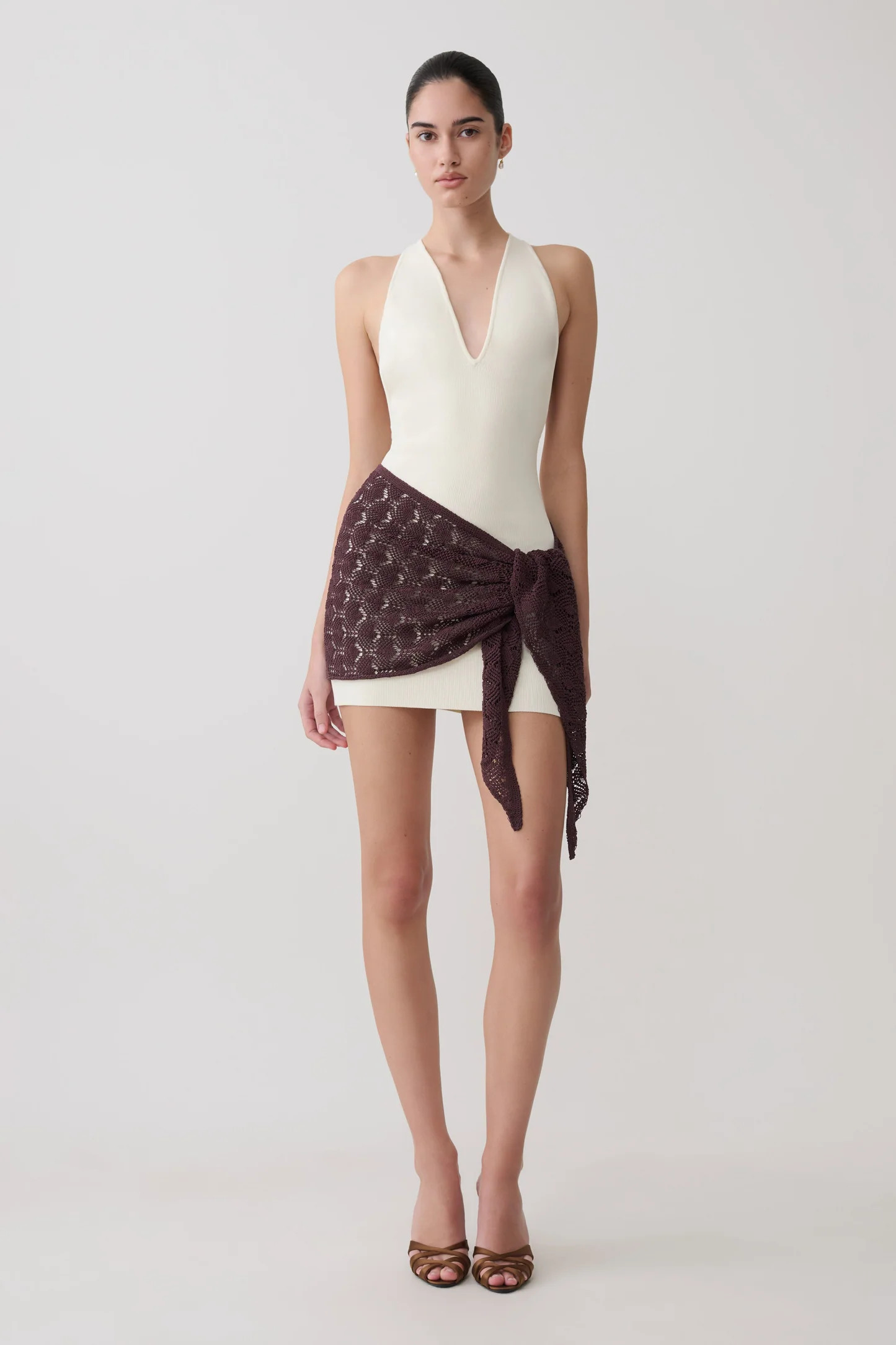 Mollie Mini Dress With Crochet Overlay - White/Chocolate | MESHKI US
