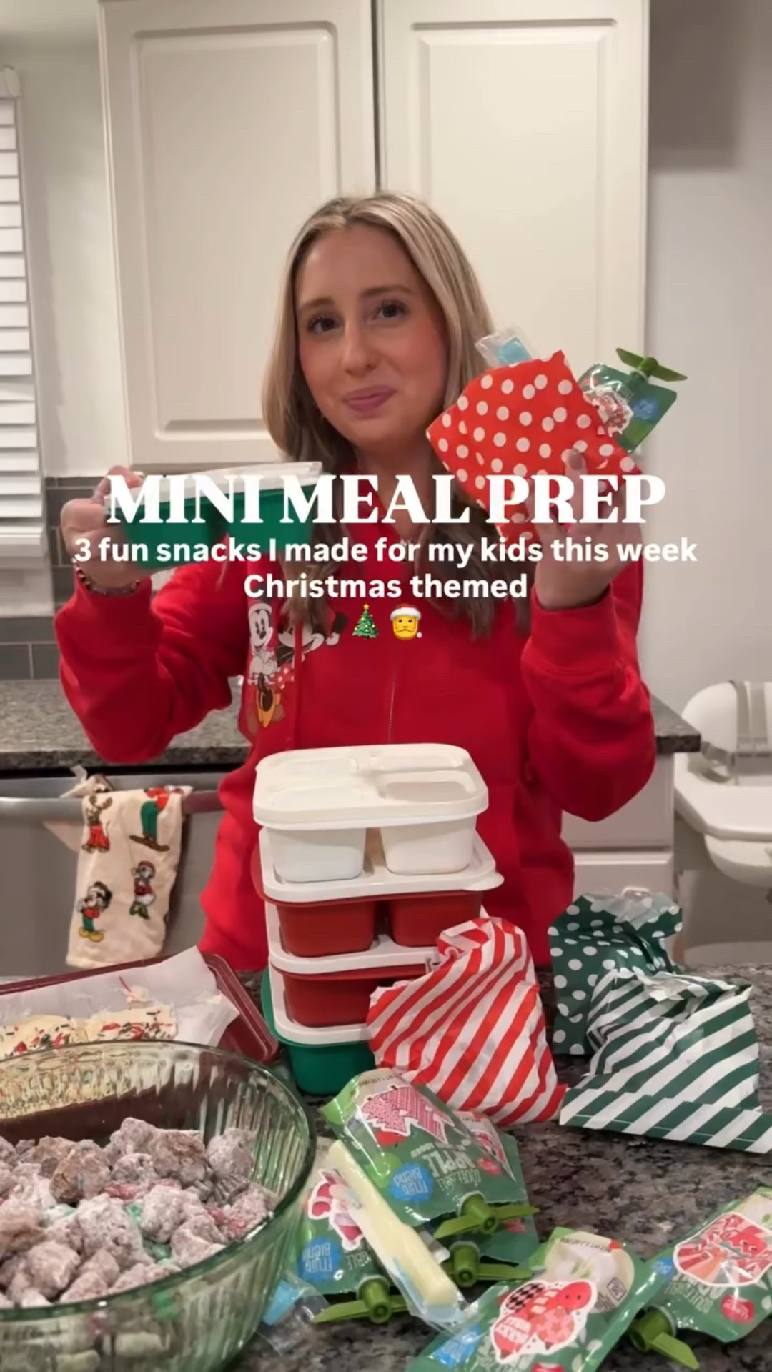 A little Christmas mini meal prep for the kids this week 🎄🥰❤️ easy snacks I made for my kids. Perfect for meal prep or to make whenever your kid asks for a snack 😂approx 100 times a day. We did: Christmas snack packs, Christmas puppy chow, frozen yogurt bark, and the easiest festive apples sauce pouches + string cheese!🫶🏻

✨Like this video and comment MINI and I’ll send you the recipe cards + links to everything to your DMs!❤️🥰