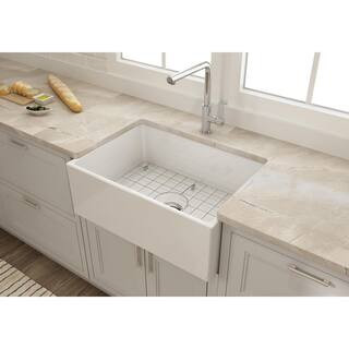 Farmhouse Apron-Front Fireclay 27 in. Single Bowl Kitchen Sink in White with Grid | The Home Depot