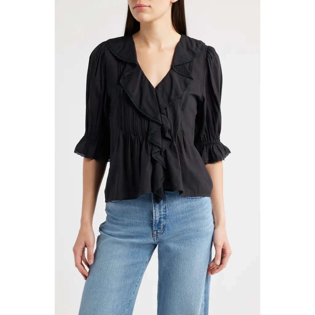 Madewell Kelly Ruffled Puff Sleeve Top in Jet Black at Nordstrom, Size Large | Nordstrom