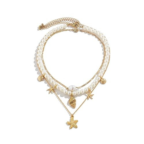 Gold Shell Starfish Mermaid Necklace,Pearl Beaded Seashell Beach Ocean Vacation Coastal Jewelry,Layered Stack Charming Necklace(Starfish) | Amazon (US)