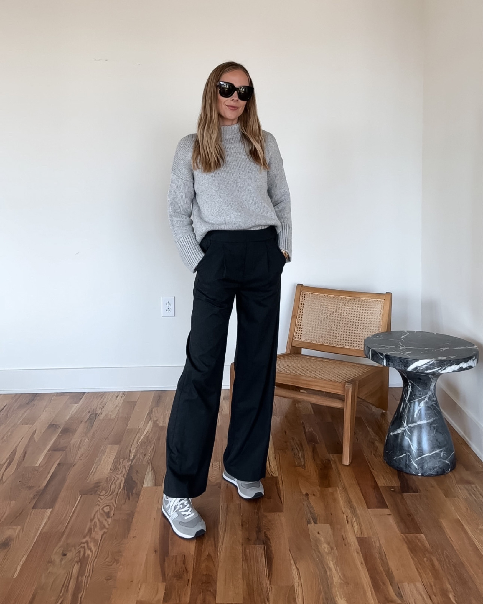 Fashion Jackson wearing casual fall outfit, grey sweater, new balance sneakers, wide leg pants #falloutfits 

#LTKunder100 #LTKstyletip #LTKSeasonal