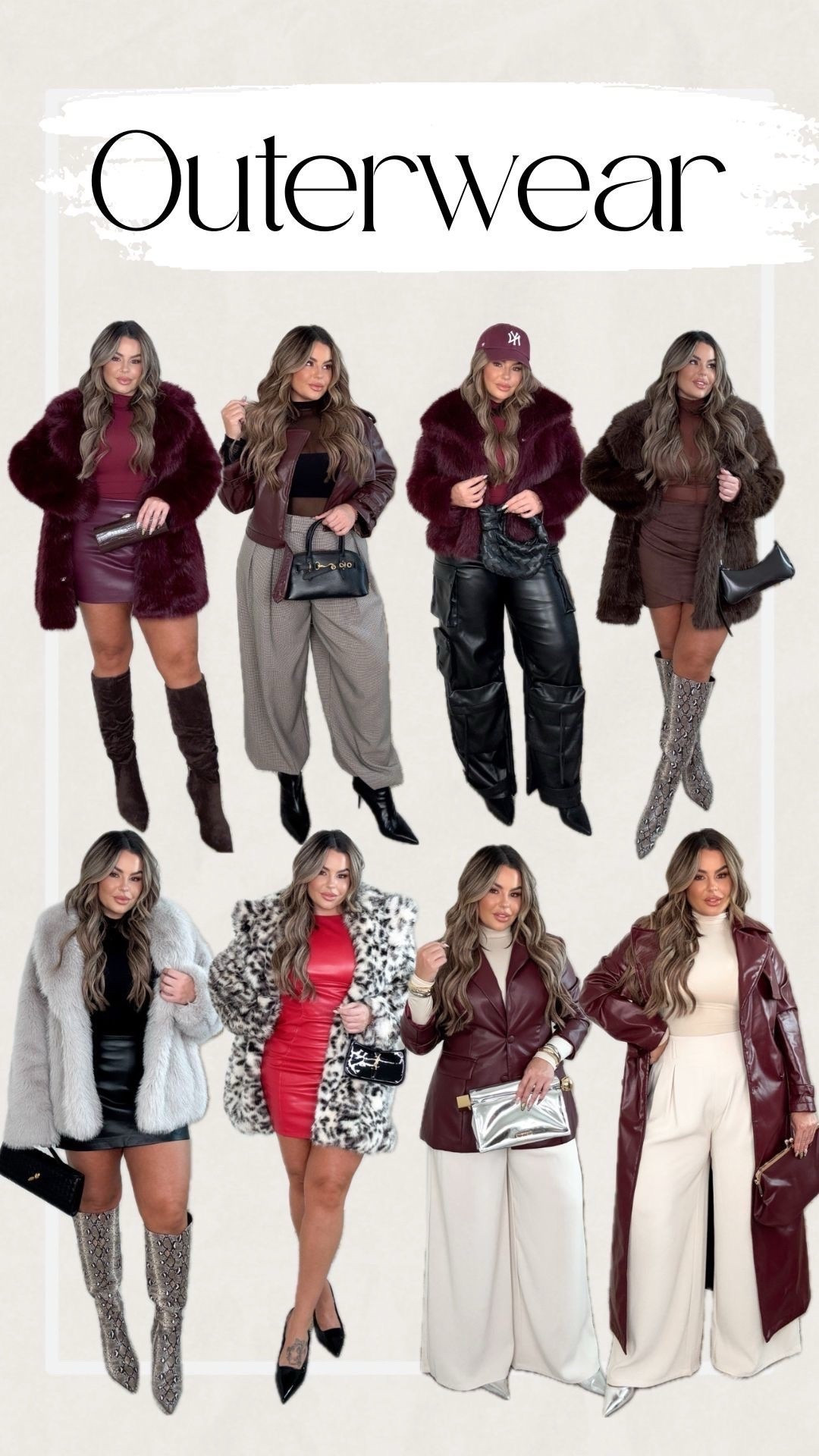 Top row left to right sizes 
Coat xl 
Top L 
Skirt L 

Pants 31
Mesh top xl 
Jacket L 

Fur crop jacket L 
Top L 
Black pants L 

Brown fur XL 
Brown skirt L 
Brown mesh top xl 

Black mock neck L 
Grey fur xl 
Black skirt 14 size up runs small 

Red dress xl 
Leopard coat L 

Burgundy blazer 
0X 
Pants xl 

Burgundy trench 0X 
Mock neck L 

Linked similar snake boots mine are old 

Black pumps tts 
Brown boots tts 
Black Zara booties size up 

#Amazon #Express #Outerwear #Zara #Midsize #Leopard #Leather #Leather #Skirt #Abercrombie #Cargo #CargoPants #LeatherPants 


Follow my LTK @shaynaslife on the @shop.LTK app to view this post and get my exclusive app-only content!

#liketkit 
@shop.ltk
https://liketk.it/5zQWU

#LTKMidsize #LTKFindsUnder50 #LTKSaleAlert