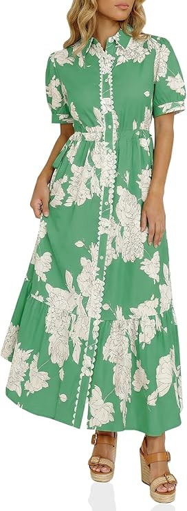 Wenrine Womens Casual Shirt Dress Floral Collared Short Sleeve Button Down Drawstring Waist Loose... | Amazon (US)