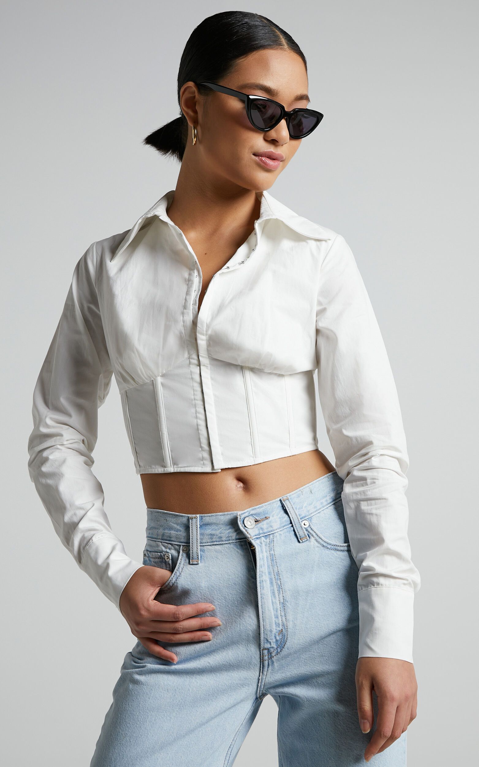 Elenina Shirt - Corset Waist Cropped Shirt in White | Showpo (US, UK & Europe)