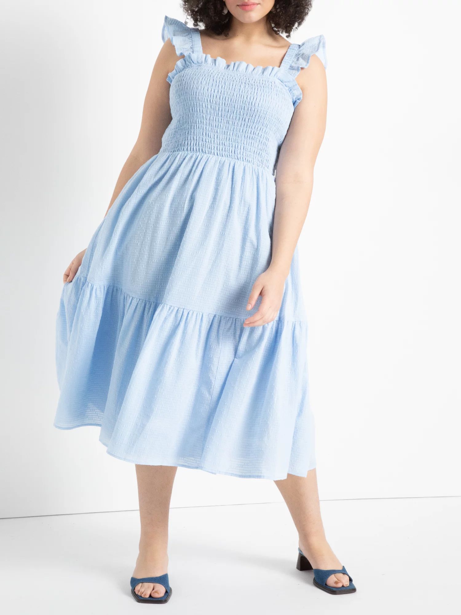 ELOQUII Women's Plus Size Smocked Bodice Ruffle Day Dress - Walmart.com | Walmart (US)