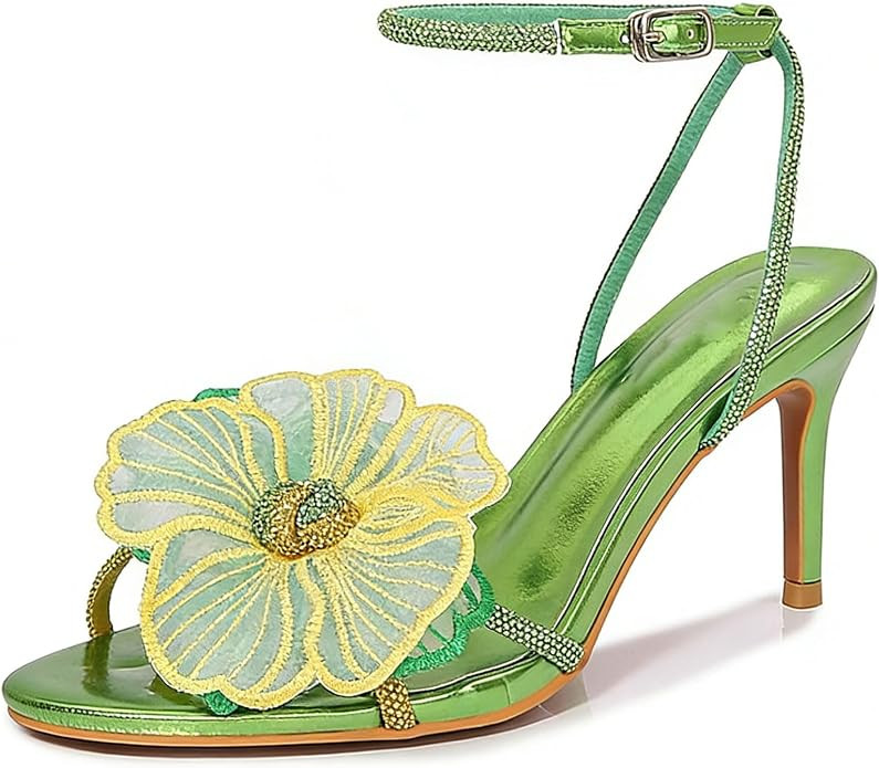 Women'S Floral Rhinestone Strappy Stiletto Sandals Fashion Round Toe Adjustable Ankle Strap High ... | Amazon (US)