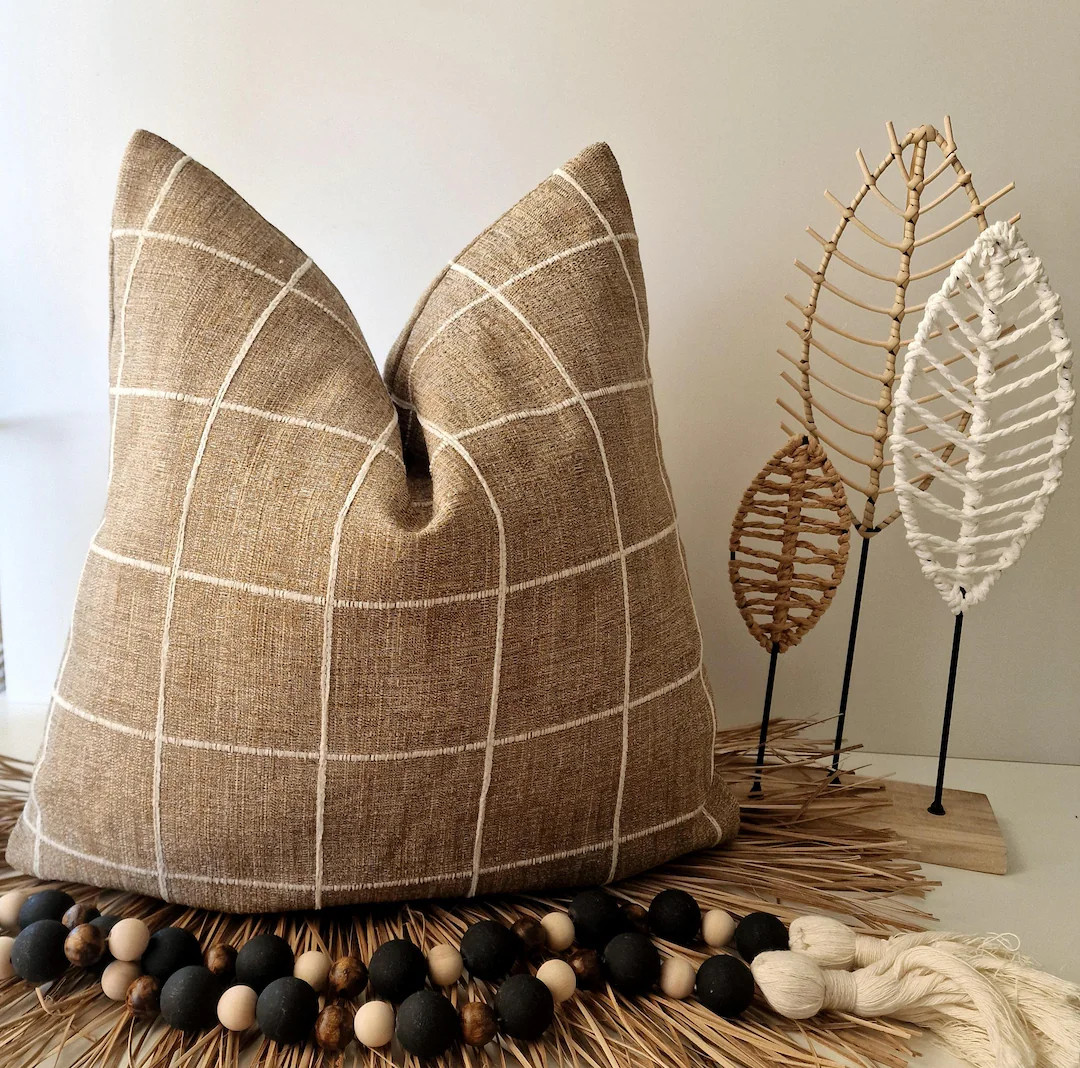 Windowpane Beige Ivory Pillow Cover, Tan Plaid Cushion, Linen and Chenille Euro Sham | Etsy (US)