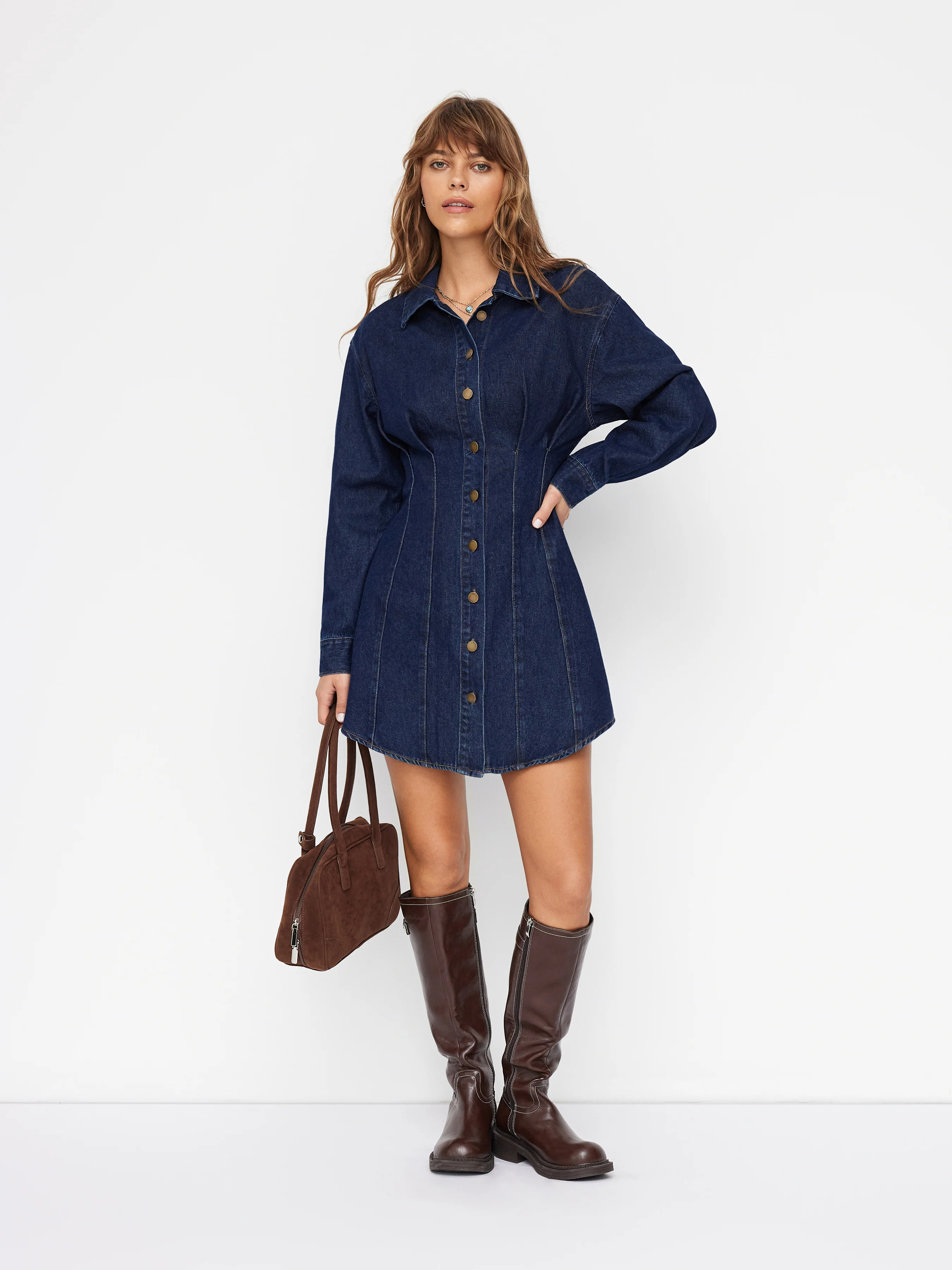 Denim Denim Collar Pleated Button Through Mini Shirt Dress For Work | Cider