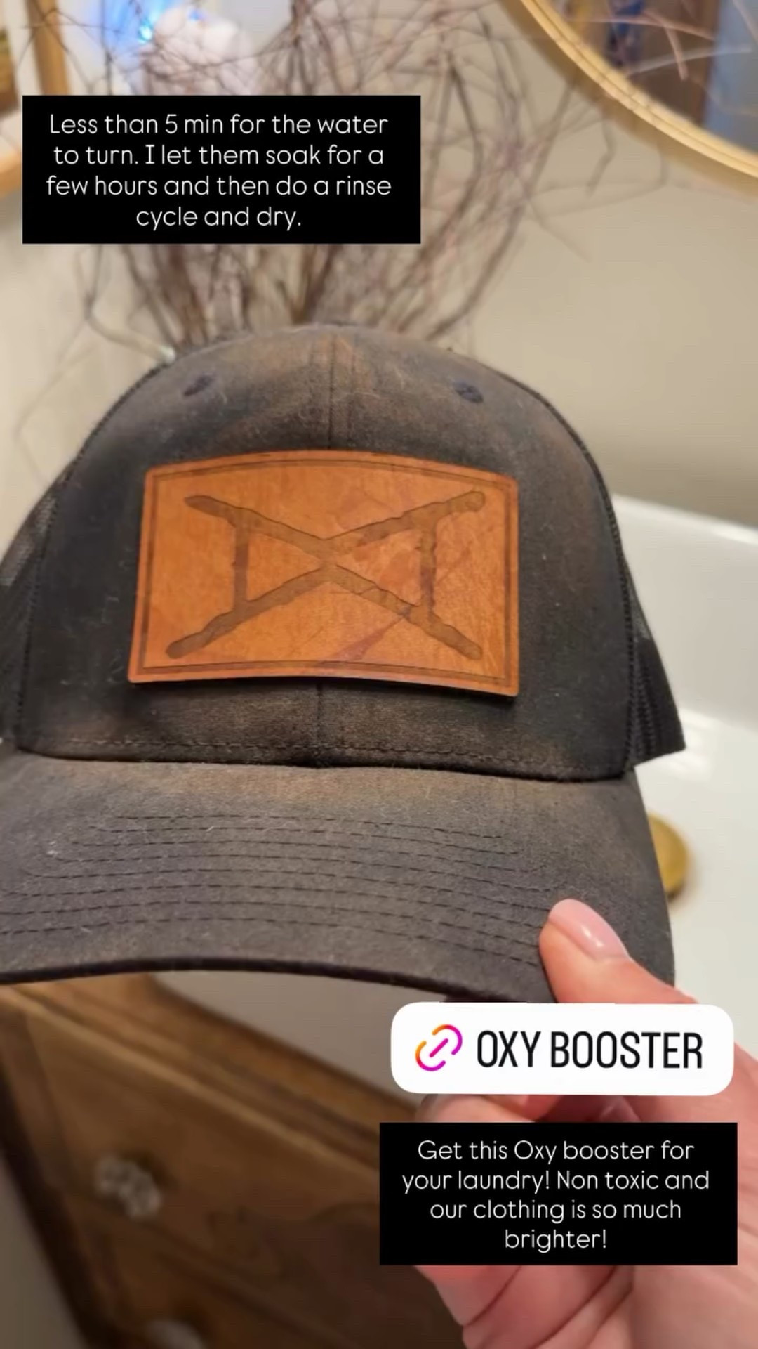 Laundry stripping hats today- Less than 5 min for the water to turn. I let them soak for a few hours and then do a rinse cycle and dry.  Get this Oxy booster for your laundry! Non toxic and our clothing is so much brighter!