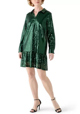 Crown & Ivy Women's Long Sleeve Sequin Shirtdress, Green, XXL | Belk