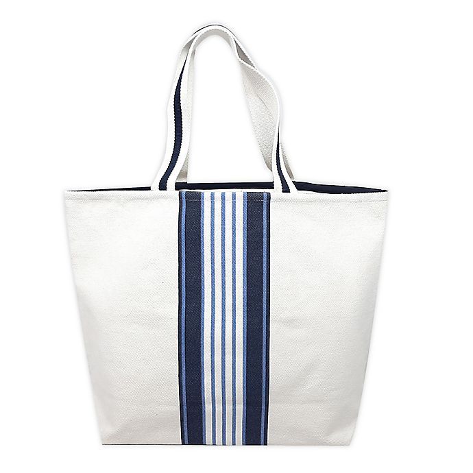 One Kings Lane Open House™ Center Stripe Canvas Tote Bag in White/Blue | Bed Bath & Beyond | Bed Bath & Beyond