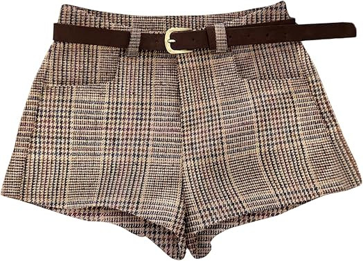 MakeMeChic Women's Plaid Dressy Shorts Houndstooth Mini Shorts with Belt | Amazon (US)