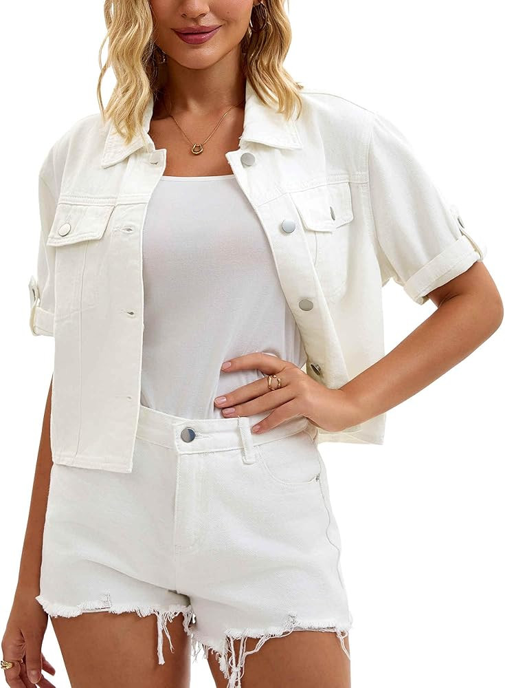 Womens Summer Short Sleeve Denim Jackets Collared Button Up Cropped Jean Jacket | Amazon (US)