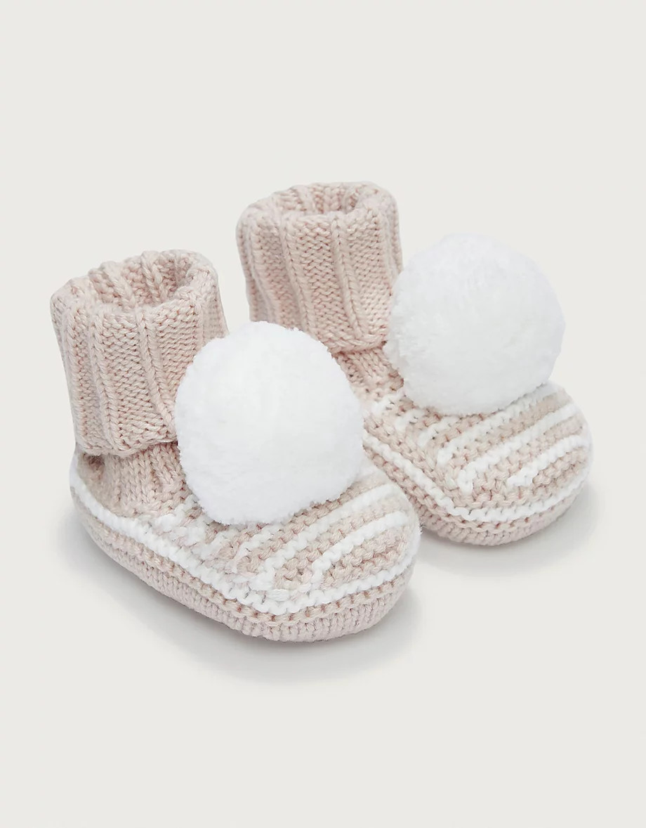 Organic Cotton Striped Knitted Pom Pom Booties (0–12mths) | The White Company (UK)