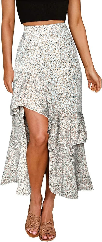 BTFBM Women 2024 Summer Spring Boho Long Skirts Dress Floral Print Elastic Waist Split Ruffle Hig... | Amazon (US)